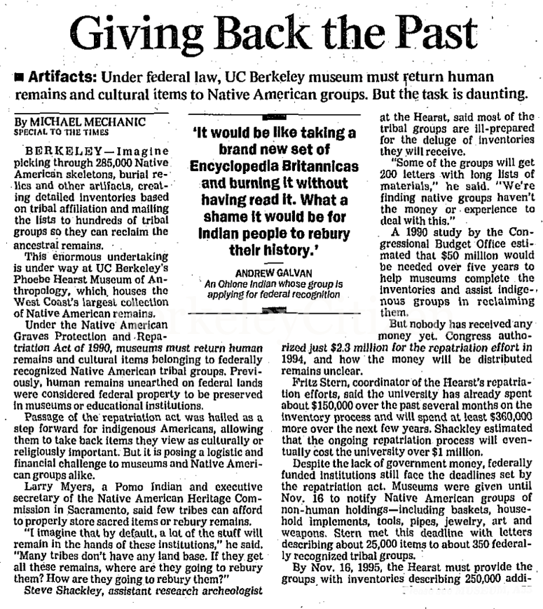 Giving back the past - Ohlone Burial remains